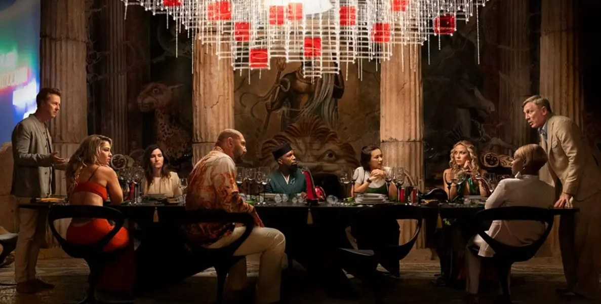 Glass Onion - entire ensemble cast at a dining room table