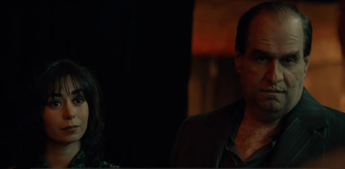 Cristin Milioti and Colin Farrell as Sofia Falcone and Oz Cobb in The Penguin